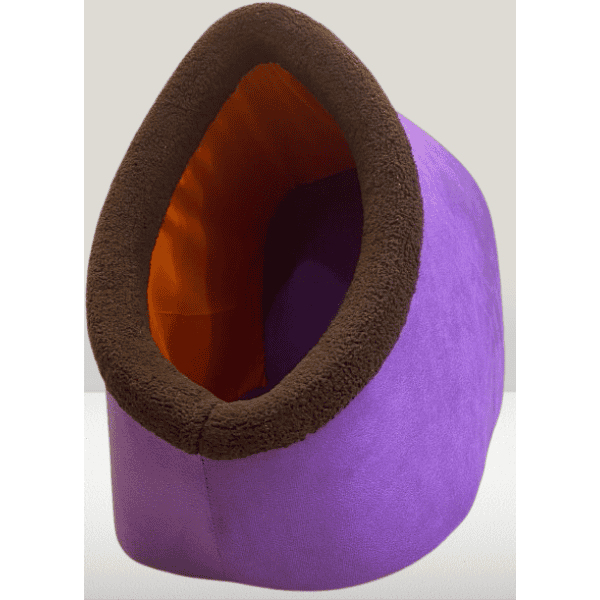 Colorful pet den bed with purple exterior and orange interior for pups and kitties.